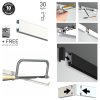 ArtiTeq Click Rail picture rail, 30 kg per metre load, white and black profiles, free fastener kit, cutting and clip‑on install diagrams