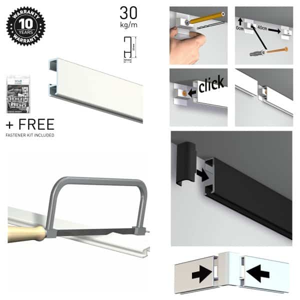 ArtiTeq Click Rail picture rail, 30 kg per metre load, white and black profiles, free fastener kit, cutting and clip‑on install diagrams