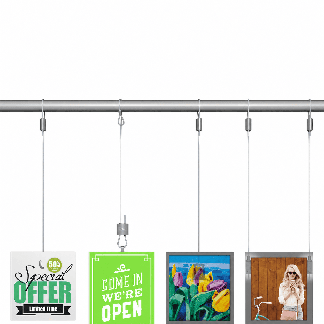 Illustration of several displays hanging from an overhead pipe, including a green sign suspended with a Loop Hanger.