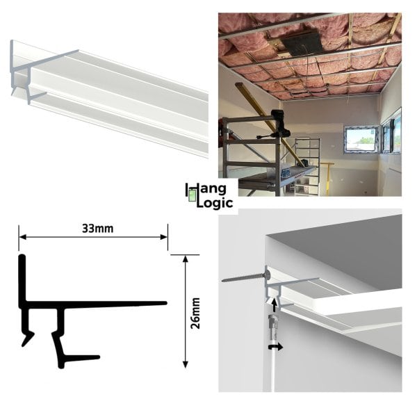 ArtiTeq Shadowline Masonry picture rail with 13 mm capture, install diagram, section profile and build‑site photo
