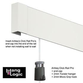 The end cap Click Rail pro white clicked onto the Artiteq Click Rail picture hanging rail.
