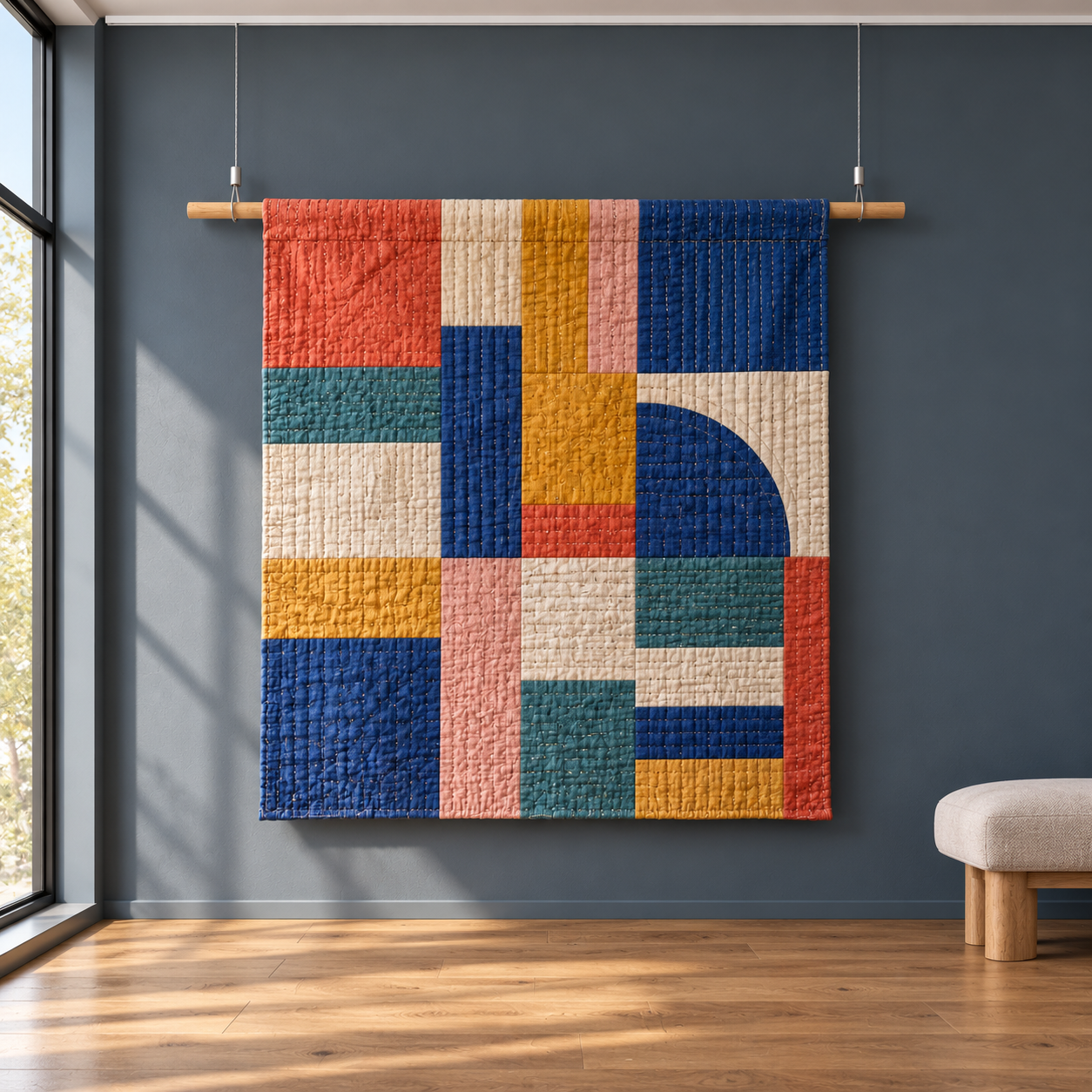Colourful Quilt Display with Loop Hangers Colourful patchwork quilt hanging over a wooden rod suspended by two wires against a blue-grey wall.