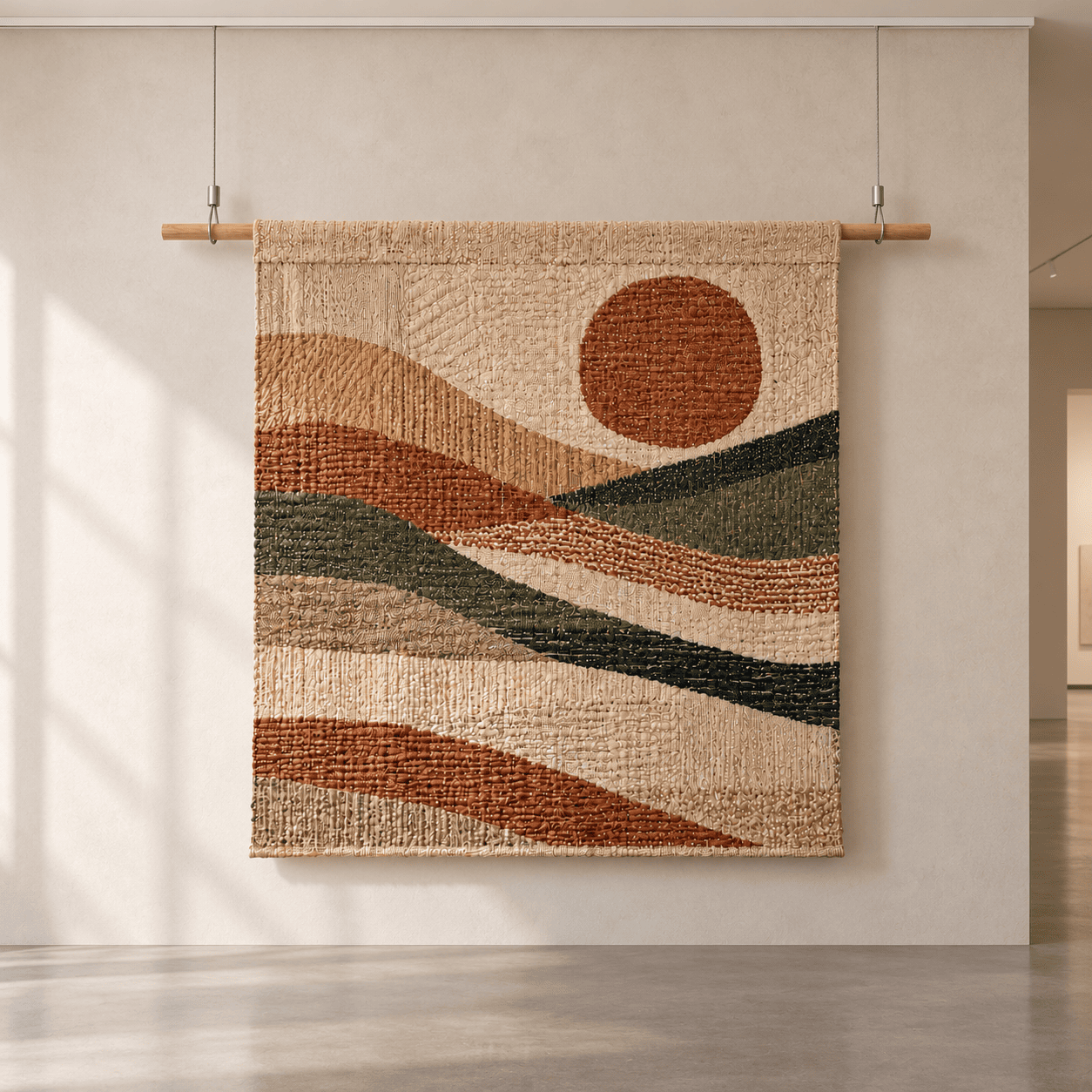 Earth-toned woven rug hanging from a wooden rod supported by two wires beneath a white rail.