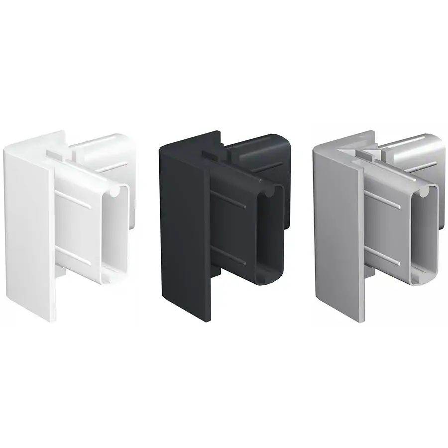 Three Click Rail corner connectors shown side by side in white, black and grey.