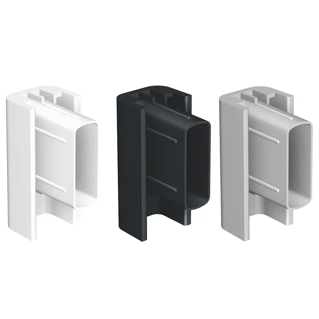 Click Rail End Caps in White, Black and Grey llustration showing a white end cap being inserted into the end of a white Click Rail.