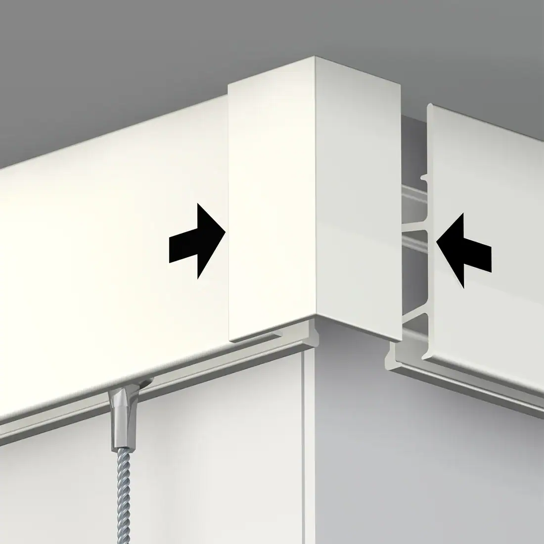Illustration showing two white Click Rail Pro rails sliding towards a corner connector.