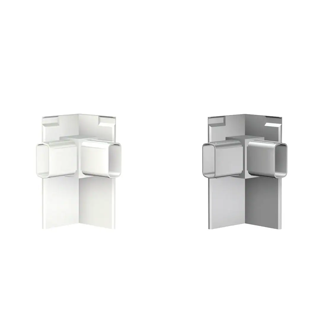 White Click Rail Pro corner connector on the left and grey connector on the right.