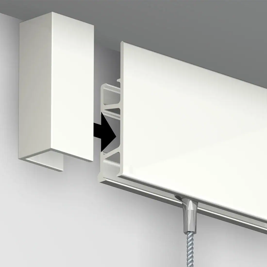 Illustration showing a white end cap being fitted to the end of Click Rail Pro.