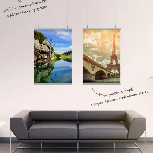 Two travel posters hanging on a wall using the Set Poster Snap and Artiteq Click rail system.