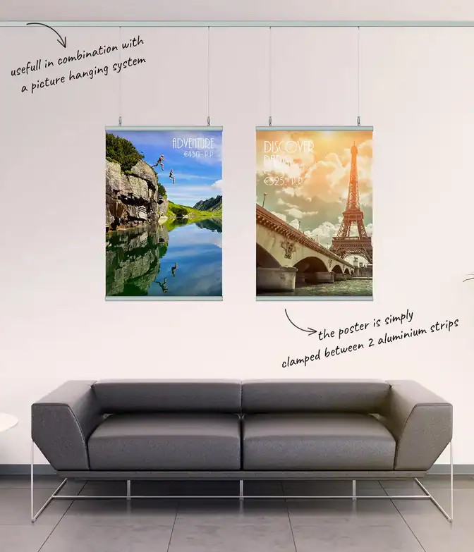 Two travel posters hanging on a wall using the Set Poster Snap and Artiteq Click rail system.