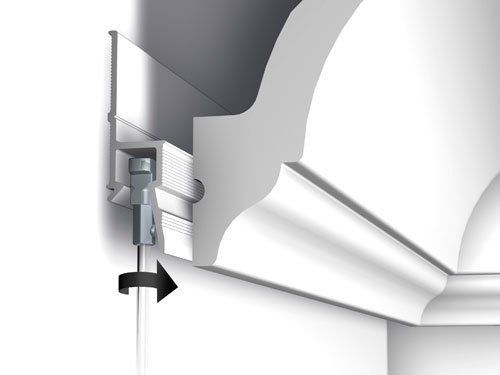 Artiteq Deco Rail picture rail system mounted behind a cornice, providing a flexible hanging solution, available at Hang Logic.