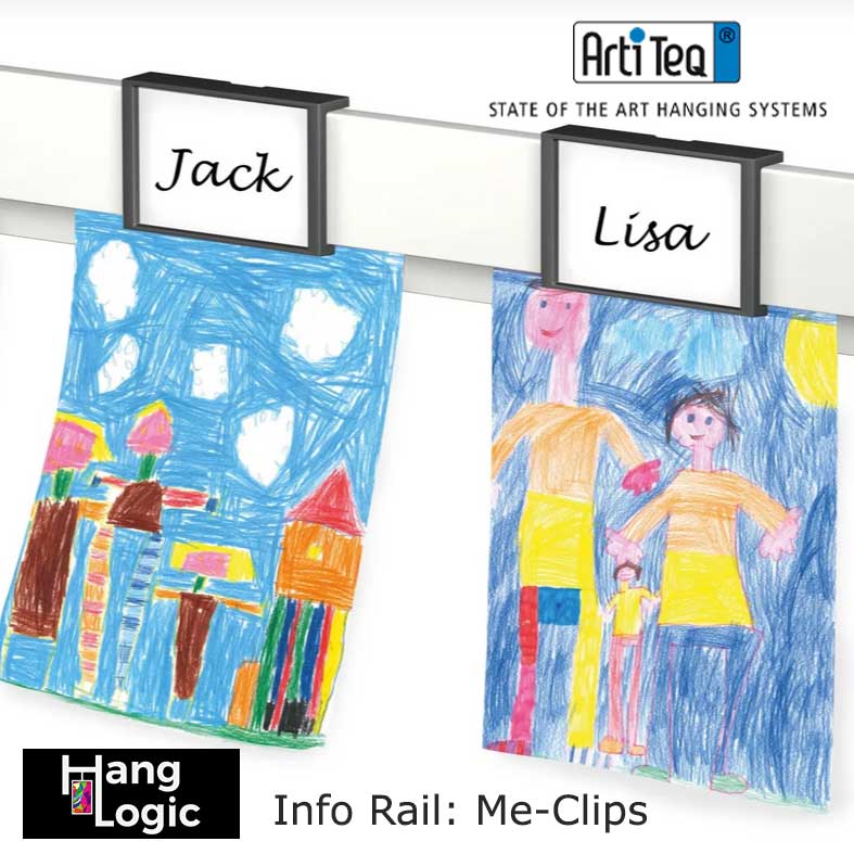 Image of ArtiTeq Info Rail with Me-Clips holding labelled children's drawings for "Jack" and "Lisa," available at Hang Logic.