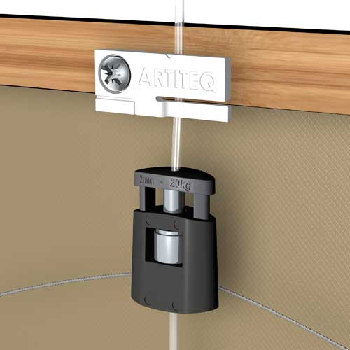 Illustration showing how tilt reducer is pressed against the hanging wire that hold the picture frame from the back of the frame