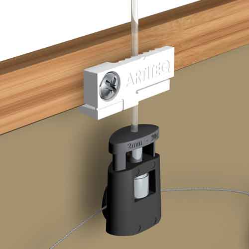 ArtiTeq Tilt Reducer used with hanging wire and hook to reduce tilt down - Hang Logic