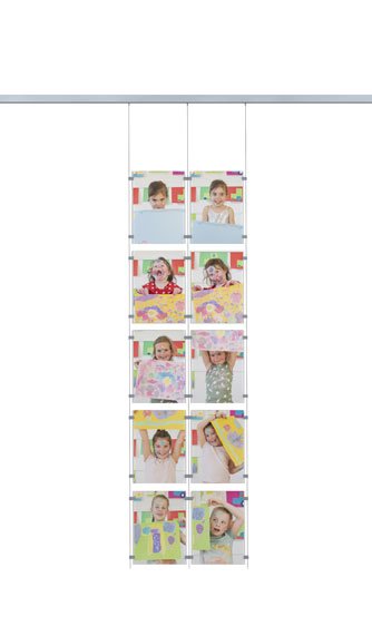 Display IT Flex system showcasing 10 photos of children adorably holding their artwork.