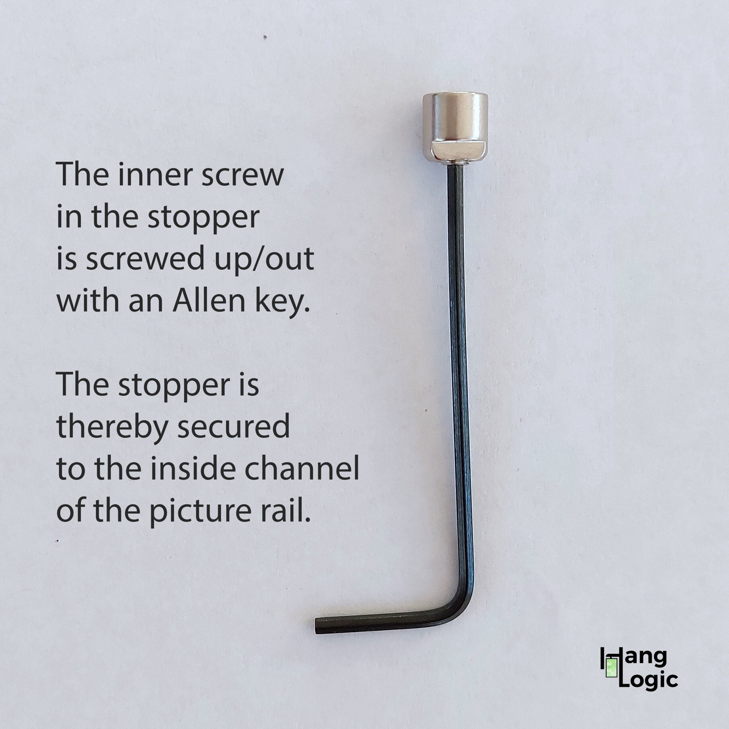 Allen key locks the stopper into place Allen key shown with a sloped rail stopper, explaining that tightening the inner screw secures it in the picture rail channel.