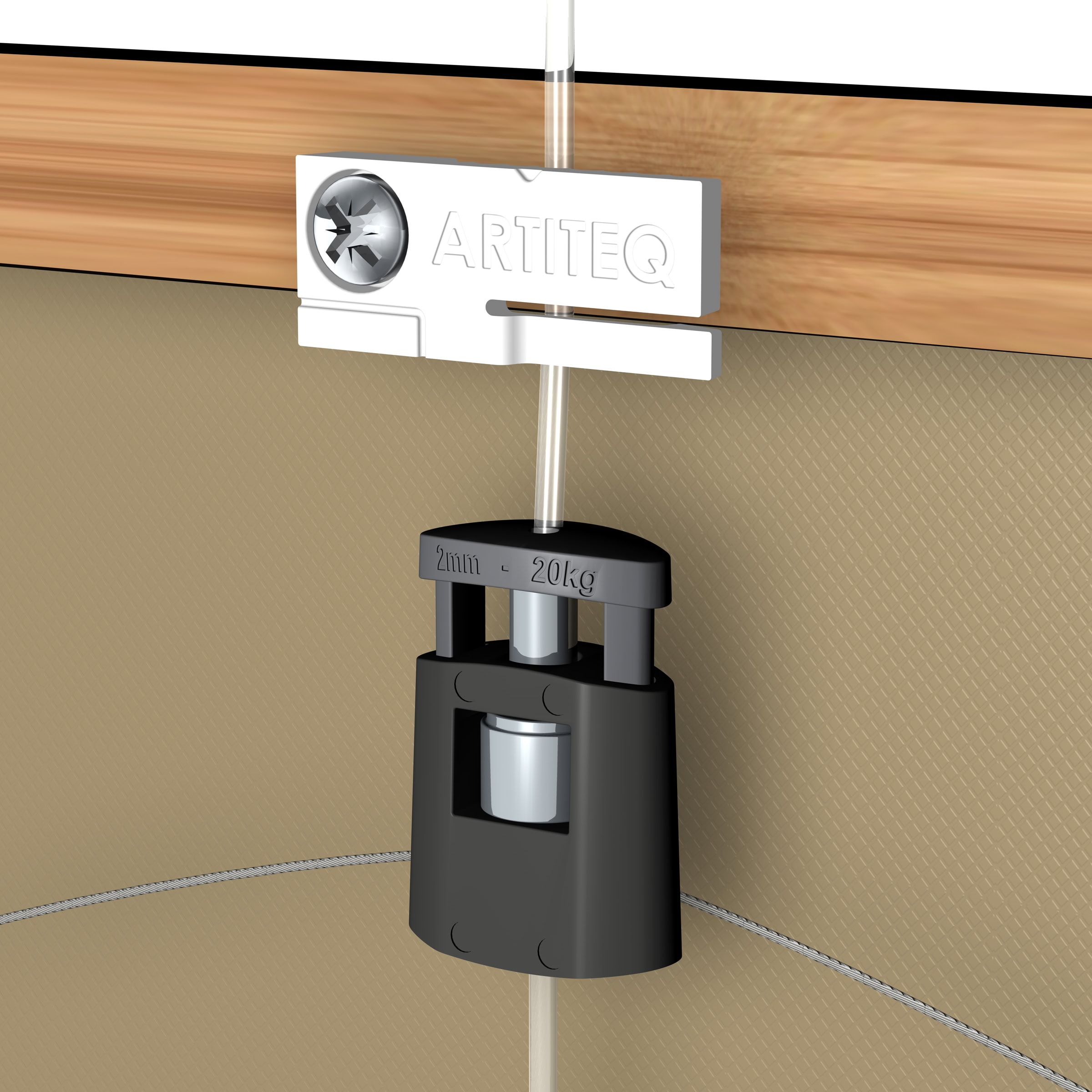 ArtiTeq Tilt Reducer Close-up Installed Close-up render of an ArtiTeq tilt reducer mounted behind the top edge of a frame above a black hanging hook on a clear wire