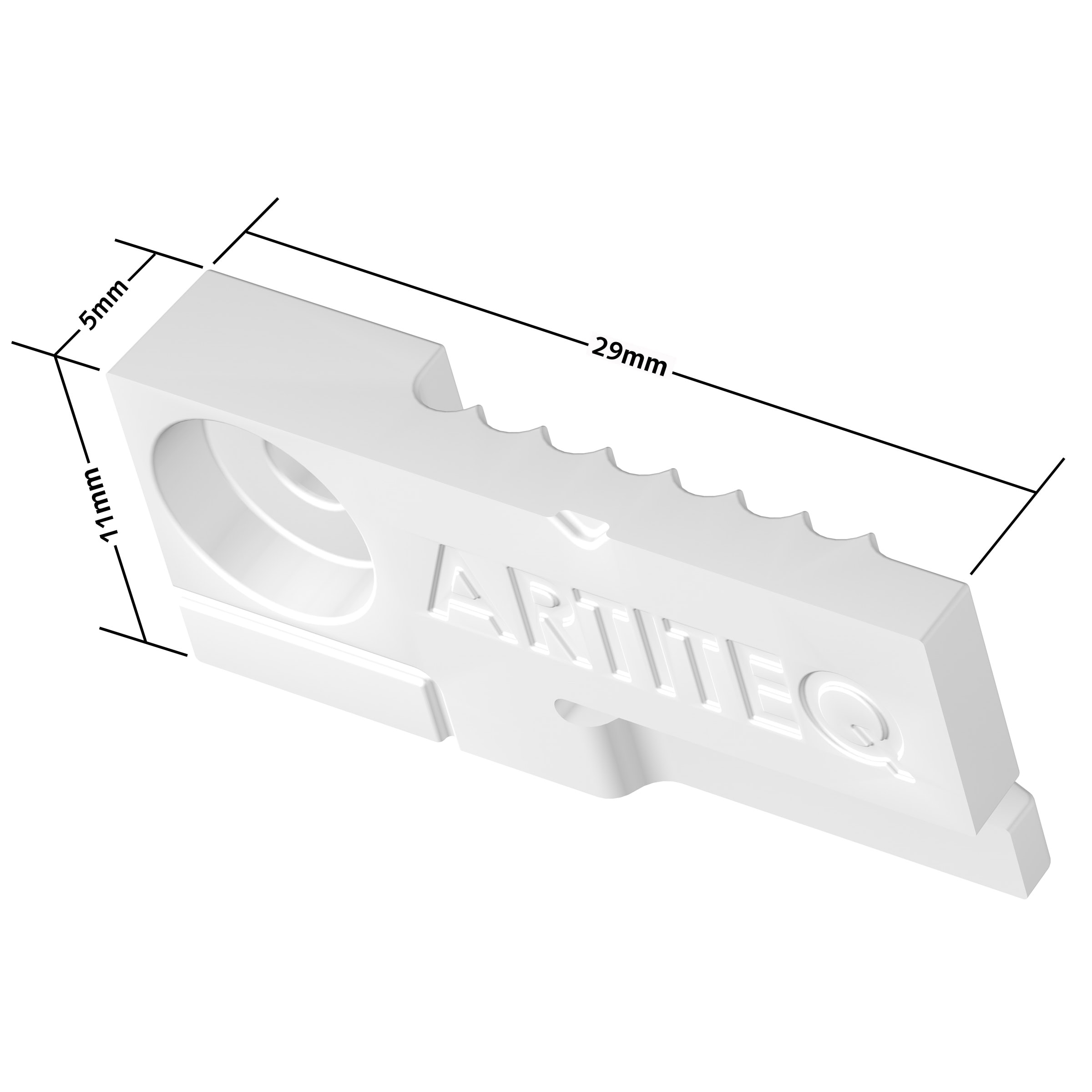 ArtiTeq Tilt Reducer Dimensions Angled render of an ArtiTeq tilt reducer with dimensions marked as 29 mm long, 11 mm high and 5 mm deep.