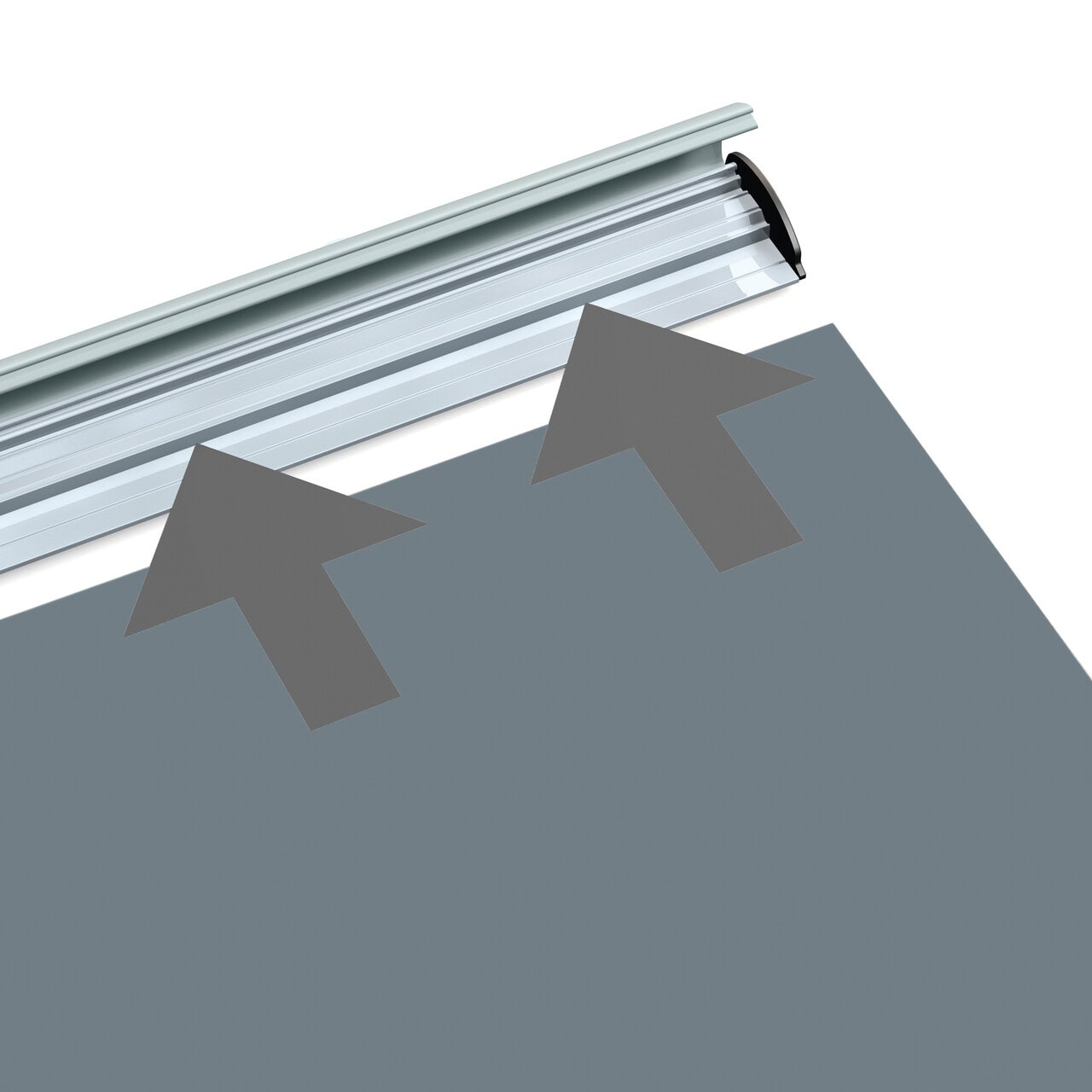 Close-up of a silver aluminium poster snap profile with arrows showing how the poster edge slides into the channel and clamps into place for a secure hold.