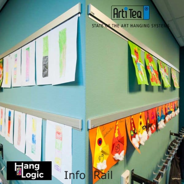 Photo of ArtiTeq Info Rail showcasing children's artwork and crafts in a classroom setting, mounted on a teal wall. Available at Hang Logic.