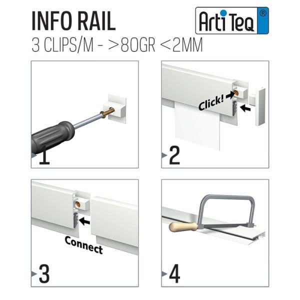 Artiteq Info Rail installation steps showing screwdriver attachment, Click & Connect clip, and cutting to size.