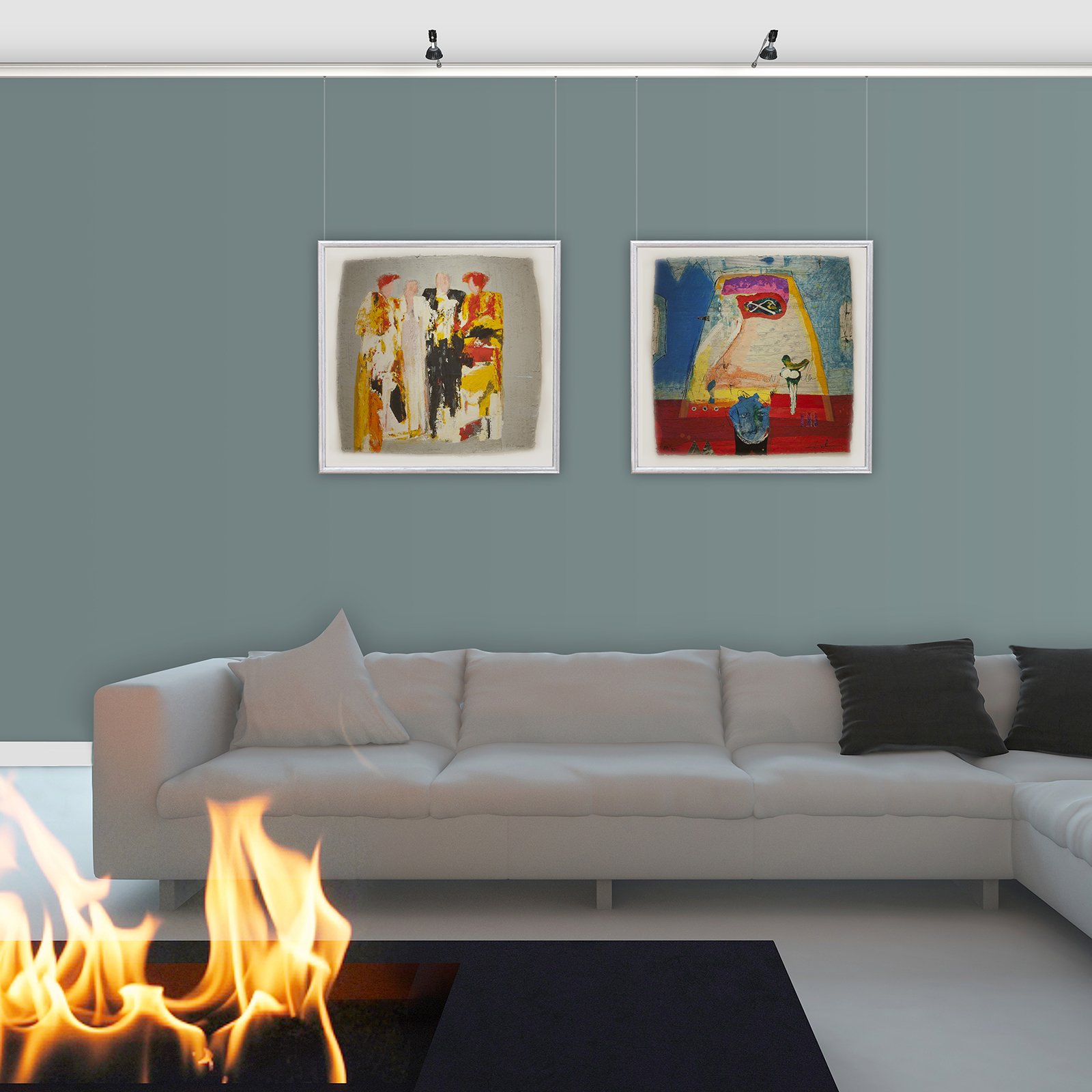 Modern lounge with two framed abstracts lit by short LED arms on Combi Rail PRO Light