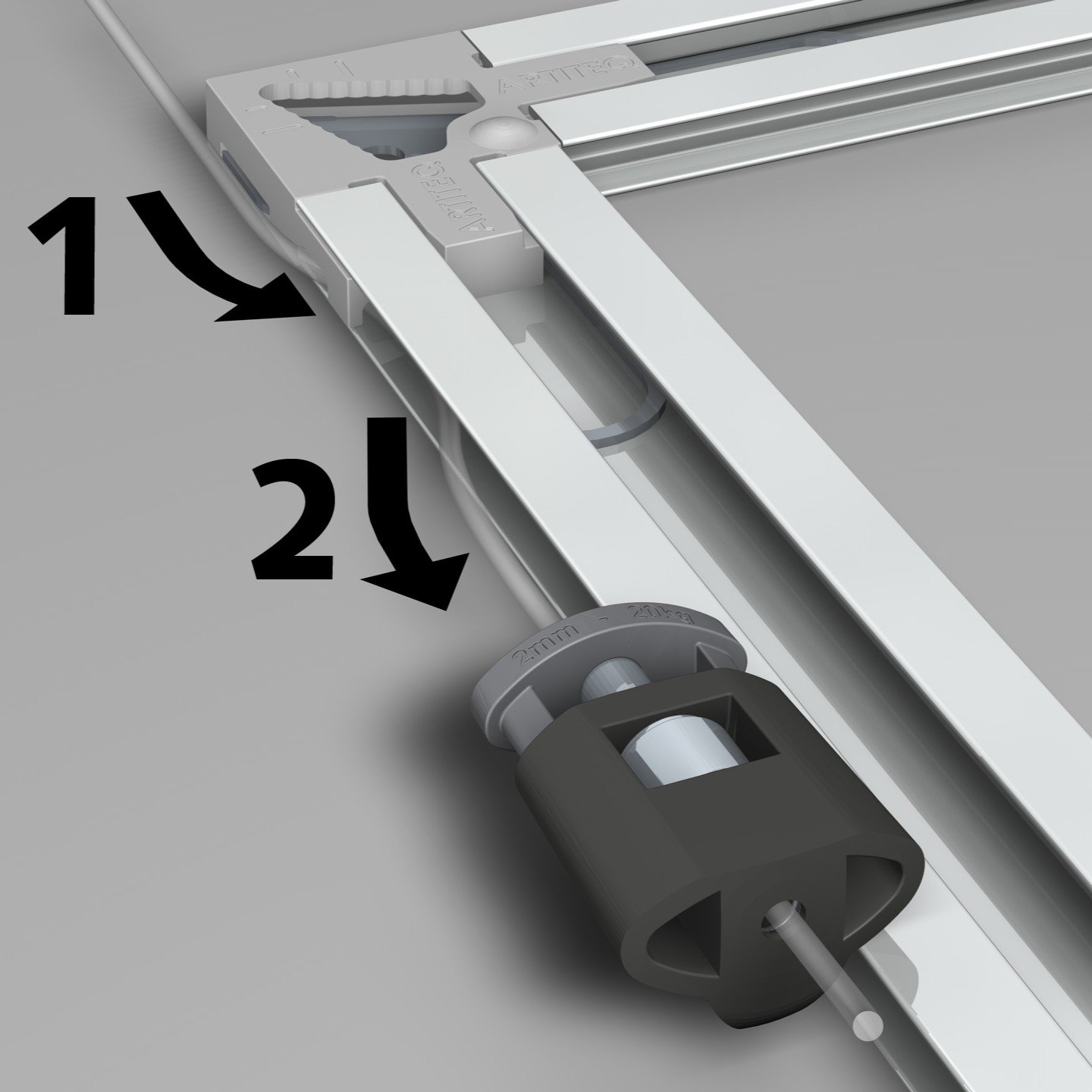 Arrows show threading the cable through the rail channel then pulling down to tension the wire.