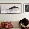 Framed fish print above sofa hung on clear perlon wires from hidden ArtiTeq Shadowline Drywall picture rail