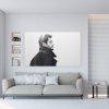 Large black and white portrait canvas above sofa hung on clear wires from hidden ArtiTeq Shadowline Masonry picture rail