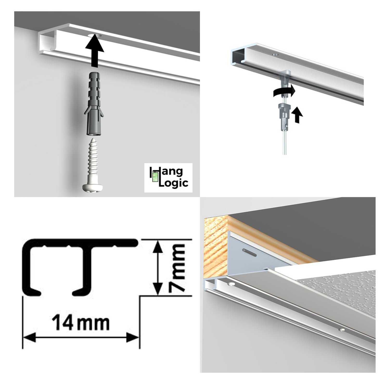 ArtiTeq Top Rail ceiling fixed picture rail with install diagram, profile section 14.3 mm by 7 mm, Hang Logic logo