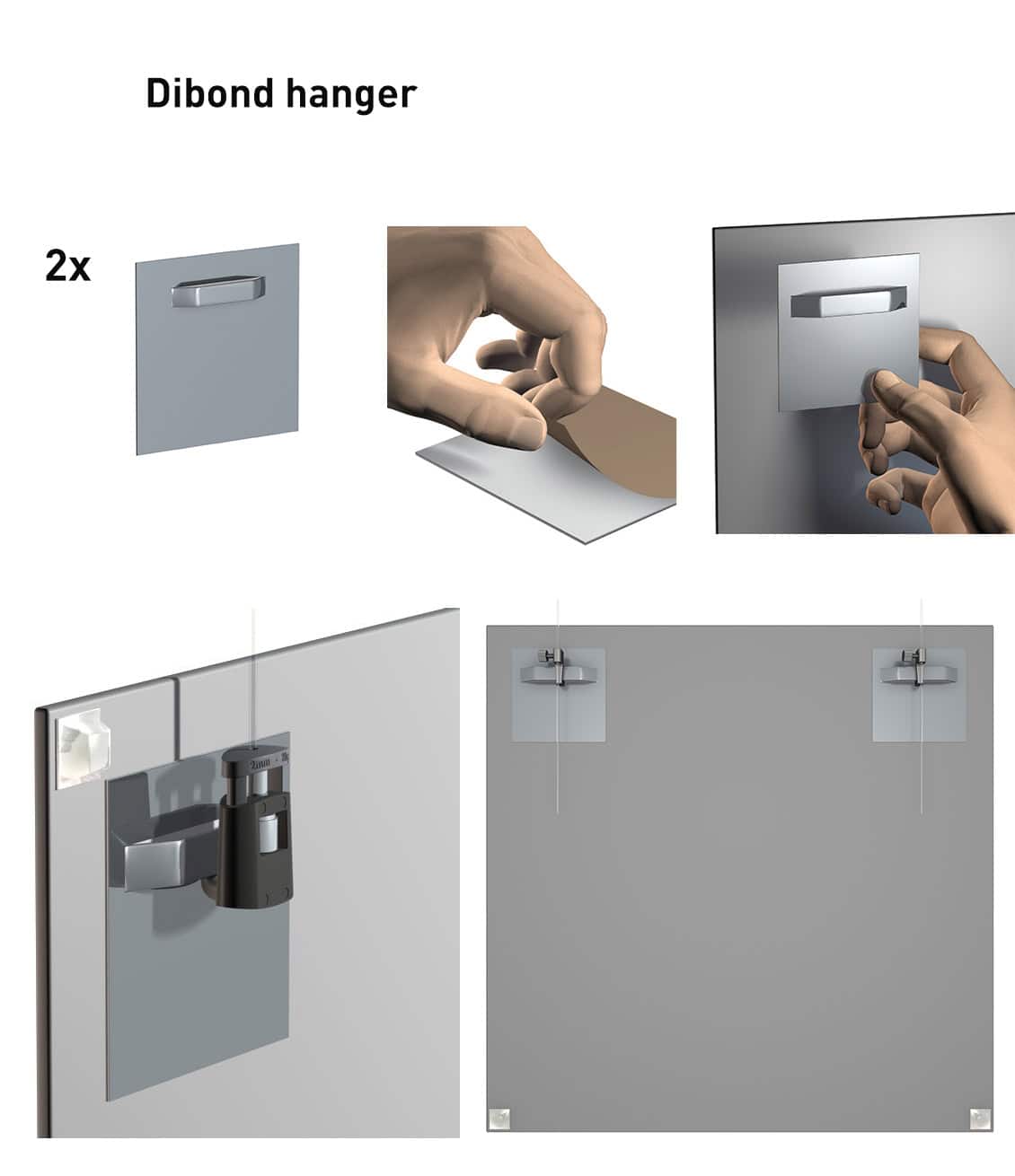 Step-by-step illustration showing how to apply Artiteq Dibond Hangers to a panel using adhesive backing, available from Hang Logic