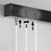 Up Rail - insert wires anywhere Up Rail ceiling-fixed picture rail showing step-by-step insertion of Twister drops: lift, slide, and lower to hang without drilling the wall