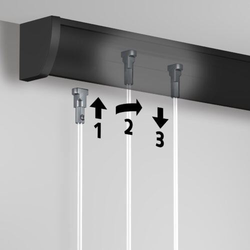 Up Rail - insert wires anywhere Up Rail ceiling-fixed picture rail showing step-by-step insertion of Twister drops: lift, slide, and lower to hang without drilling the wall