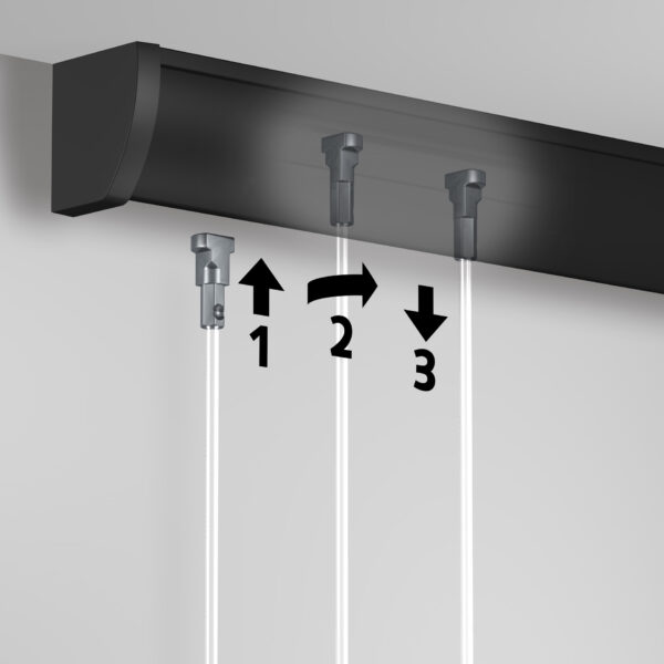 Up Rail - insert wires anywhere Up Rail ceiling-fixed picture rail showing step-by-step insertion of Twister drops: lift, slide, and lower to hang without drilling the wall