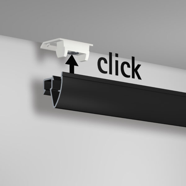Up Rail - clip on to the ceiling Up Rail clicking onto discreet ceiling clips for a clean floating picture rail line that keeps wall finishes intact