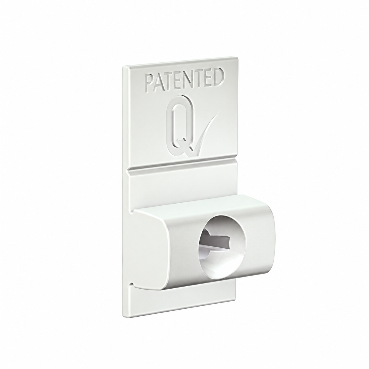 artiteq-click-rail-pro-click-and-connect-clip White Click & Connect mounting clip for Artiteq Click Rail Pro, showing the central screw hole.