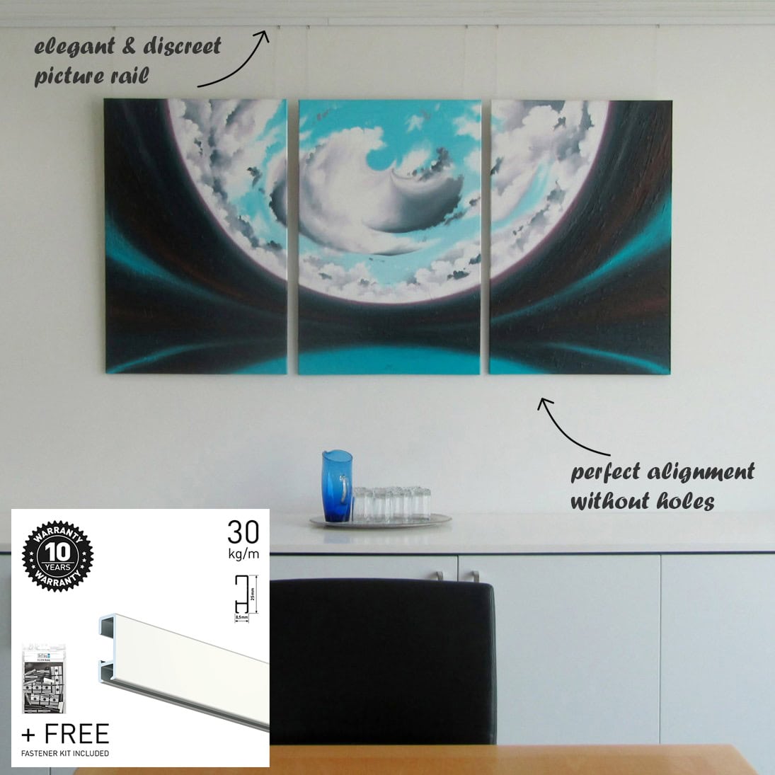 ArtiTeq Click Rail White Complete System Genuine ArtiTeq Click Rail system supplied by Hang Logic, featuring a white rail holding a triptych painting. Includes 10-year warranty badge.