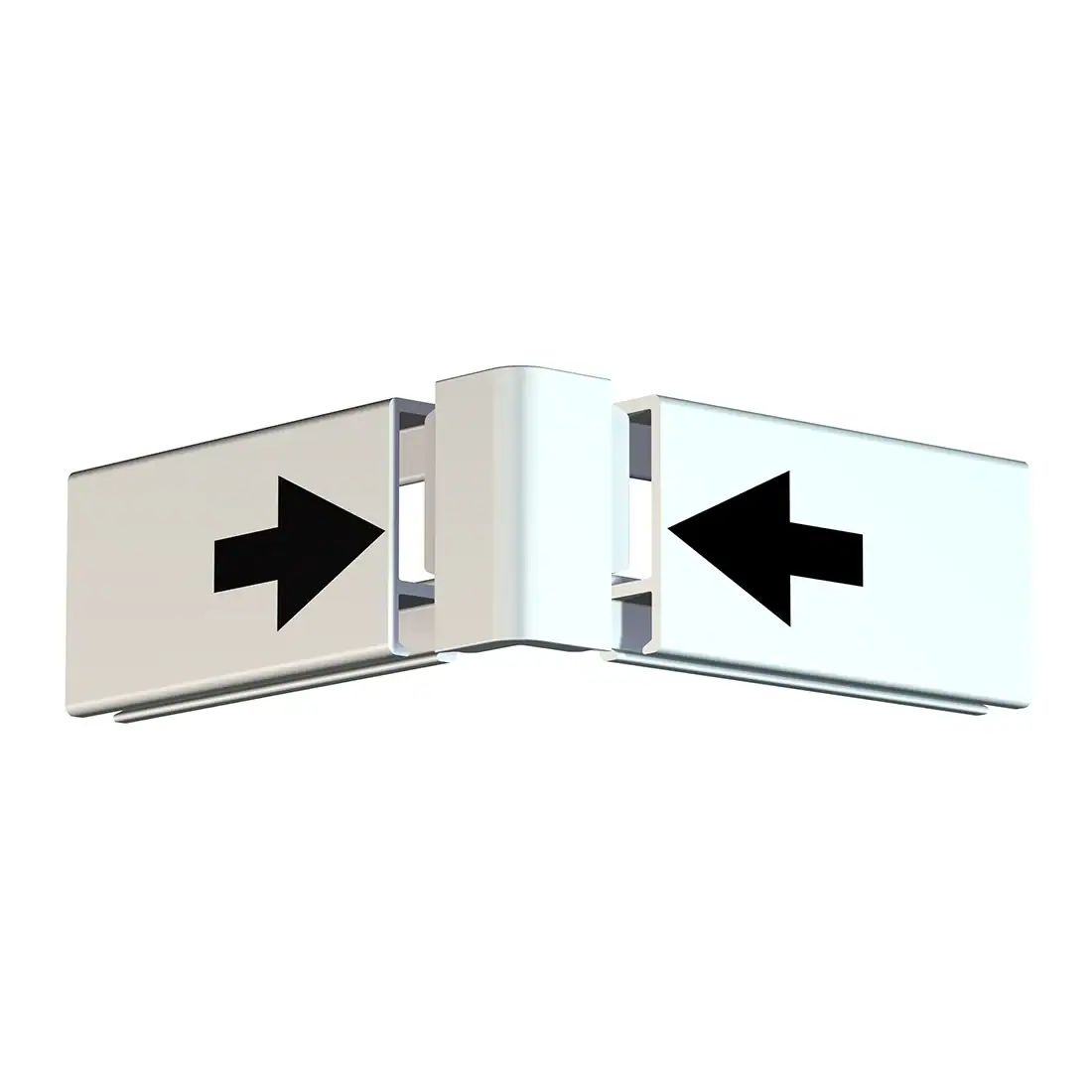 Installing the Click Rail Corner Connector Two white Click Rail lengths sliding towards a white corner connector, with arrows showing the direction.