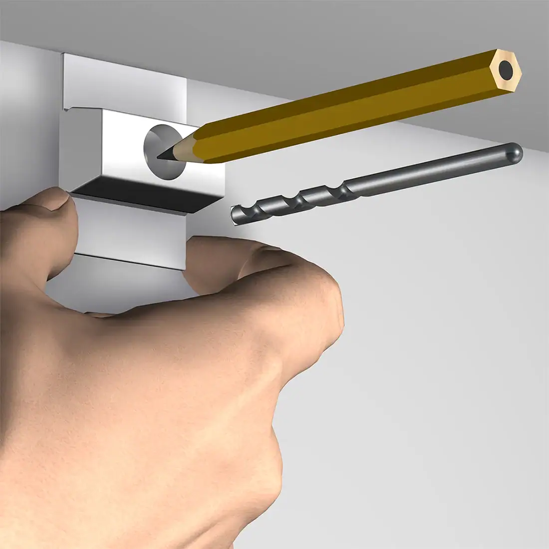 Pencil marking a drill hole through a Click Rail Click & Connect clip held near the ceiling.