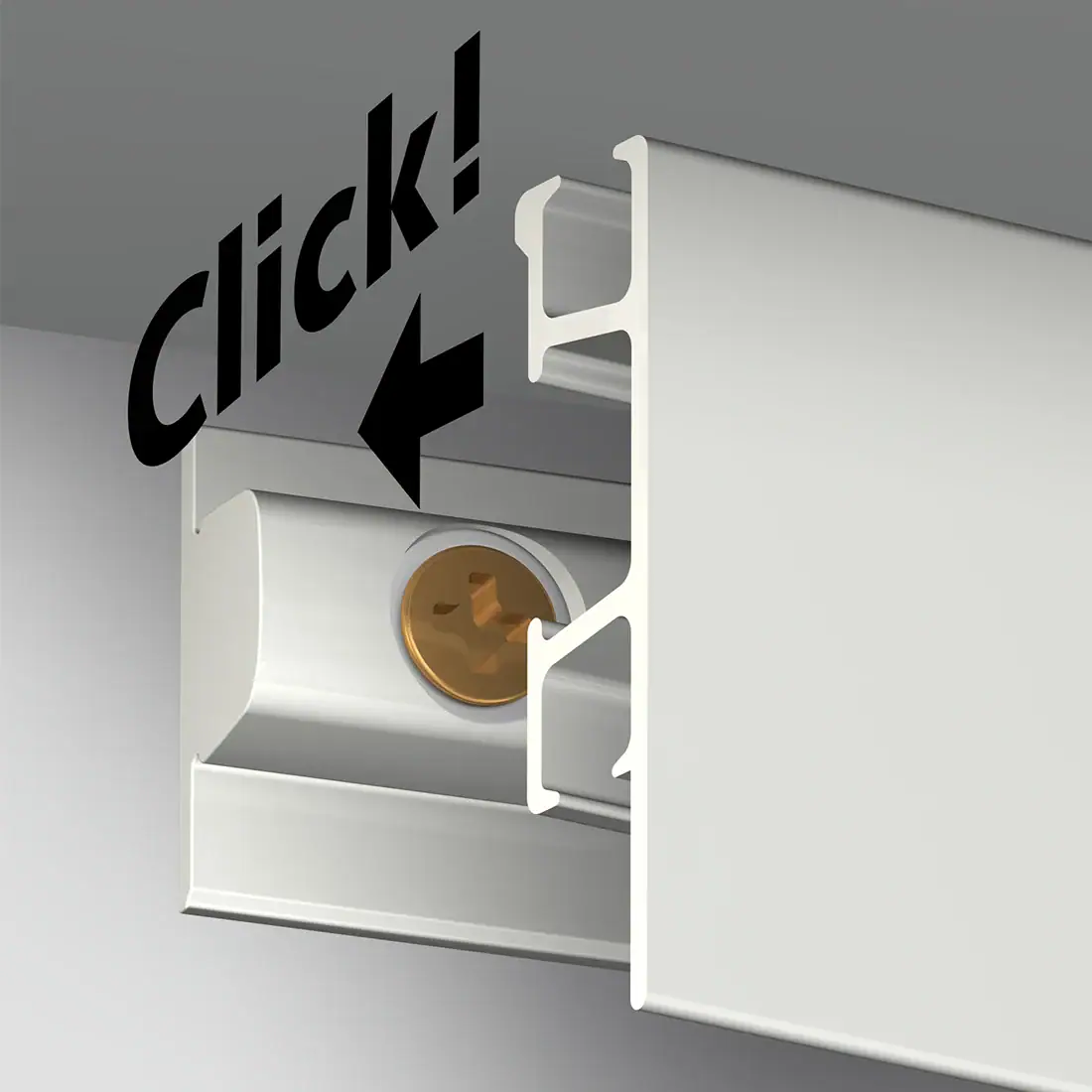 Click Rail Pro Click & Connect Clip: Attaching the Rail Flange Down Illustration of Click Rail Pro clicking onto a wall-mounted Click & Connect clip with the wider flange facing down.