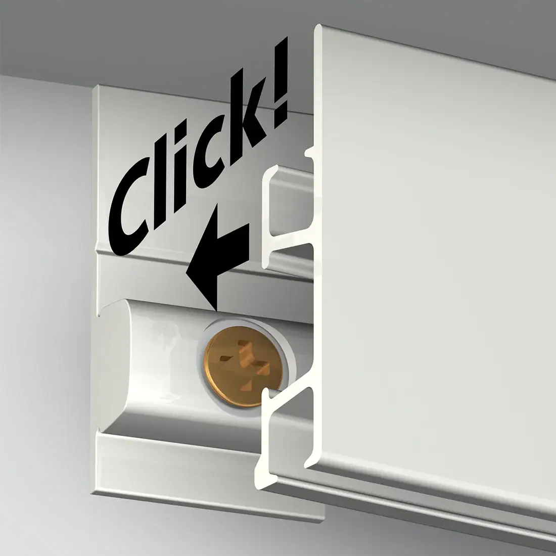 Click Rail Pro Flange Up – Clicking the Rail onto the Click & Connect Clip Click Rail Pro being pressed onto a wall-mounted Click & Connect clip in the flange-up position