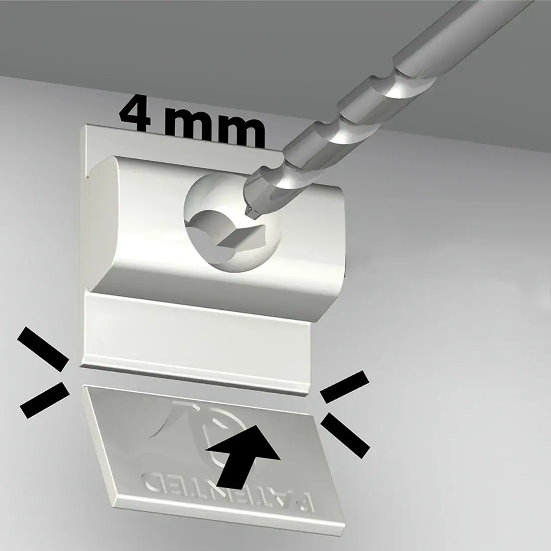 Click Rail Pro Flange-Down Installation: Optional Snap-Off Tab Illustration showing the lower tab being snapped off a Click Rail Pro Click & Connect clip mounted 4 mm below the ceiling.